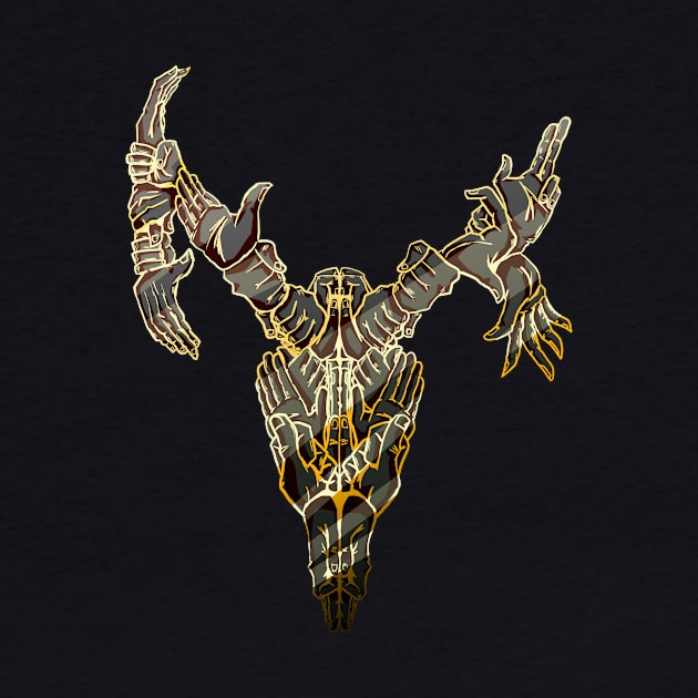 Psychedelic Deer Skull Made of Hands Black and Gold Metal by AidanThomas